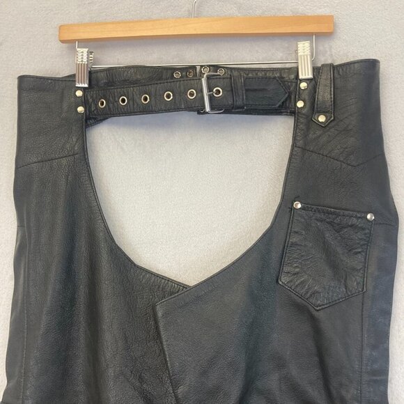 Leather Club Chaps Mens Large L Black Motorcycle Adjustable Belt Zip Side Snap - Picture 8 of 16